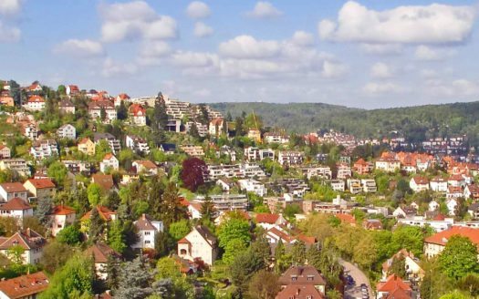 Aussicht auf Stadtteil mit vielen Bäumen und Wald im Hintergrund