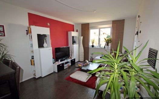 Wohnzimmer mit schwarz-weißen Möbeln und roter Wandfarbe