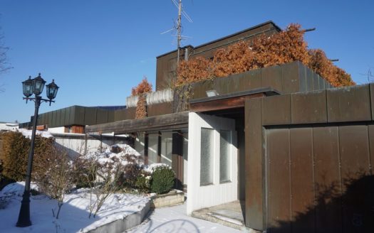 Hausfassade mit Blechverkleidung Garage und Eingangsbereich