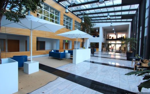 Ansicht der Empfangraumes und des Wartebereiches mit Sonnenschirmen und Glasdachkonstruktion