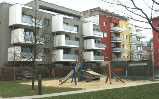 Modernes Haus mit davorliegendem Spielplatz