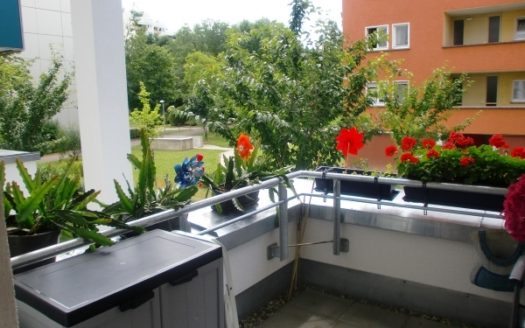 Kleiner Balkon mit bepflanzten Blumenkästen in Wohnsiedlung