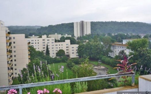 Balkonblick auf Park, Hochhäuser und hügeligen Wäldern