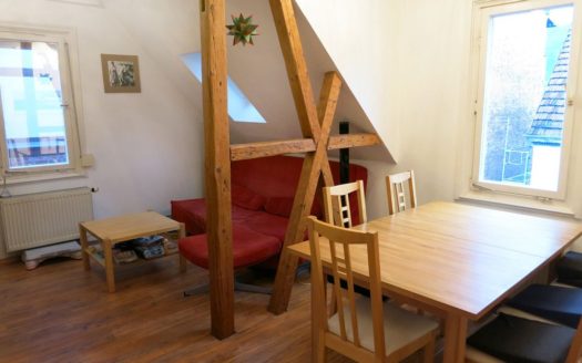 Wohn- und Essbereich mit roter Couch, hellbraunem Esstisch und braunem Gebälk