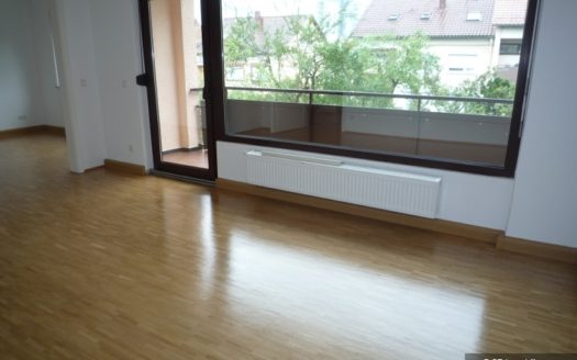 Großes Zimmer mit hellem Parkettboden und Zugang zum Balkon