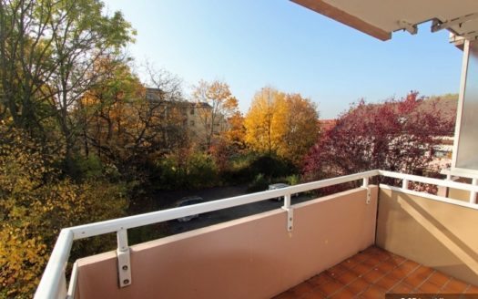 Balkon mit rosa Mauer, im Hintergrund Parkplatz und Bäume