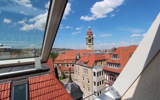Blick aus Dachfenster über Hausdächer zur Leopoldskirche