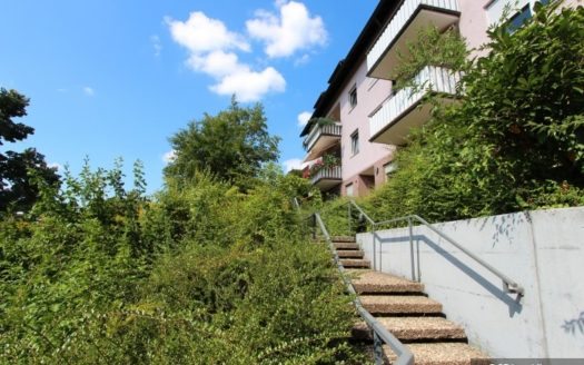 Naturbelassener Garten mit Steintreppe zu lachsfarbenem Mehrfamilienhaus