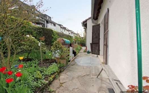 Seitlicher Garten neben gepflastertem Rundweg um Haus